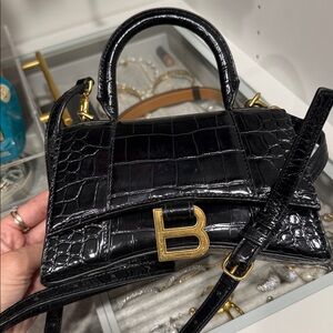 Balenciaga Black Croc-Embossed Mini Bag with Gold Accents